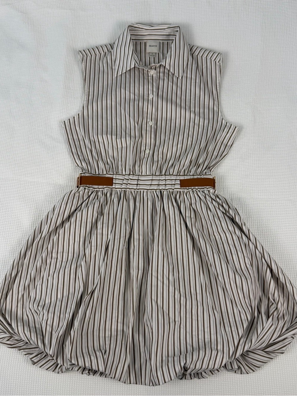 Maeve Anthropologie Brown Striped Sleeveless Bubble Hem Belted Mini Dress Small